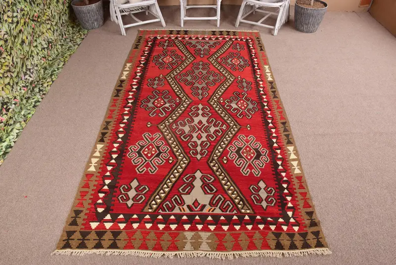Turkish Vintage Rug 5.1x9.8 ft, Kilim Red Southwestern Wool Rug - 1