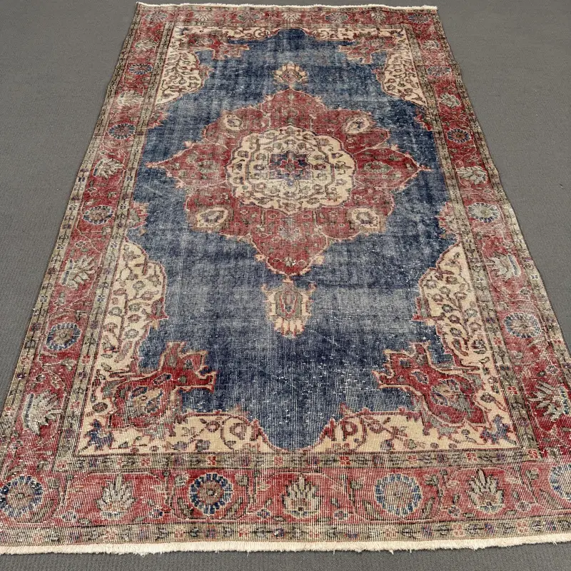 Blue Patchwork Rug, 0.5x9.6 ft with Red Accents