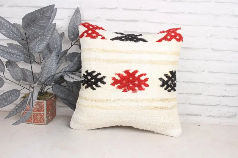 Pillow Cover, Pastel Pillow Sham, Boho Pillow Sham Cover, 18x18 White Cushion Cover, Vintage Kilim Pillow, Handmade Kilim Cushion - 1