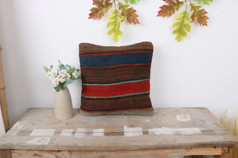 Outdoor Pillow, Ethnical Kilim Rug Pillow, Boho Chic Pillow Cover, Boho Pillow, 12x12 Red Pillow Cover, Turkish Kilim Pillow, Cushion Cover - 1