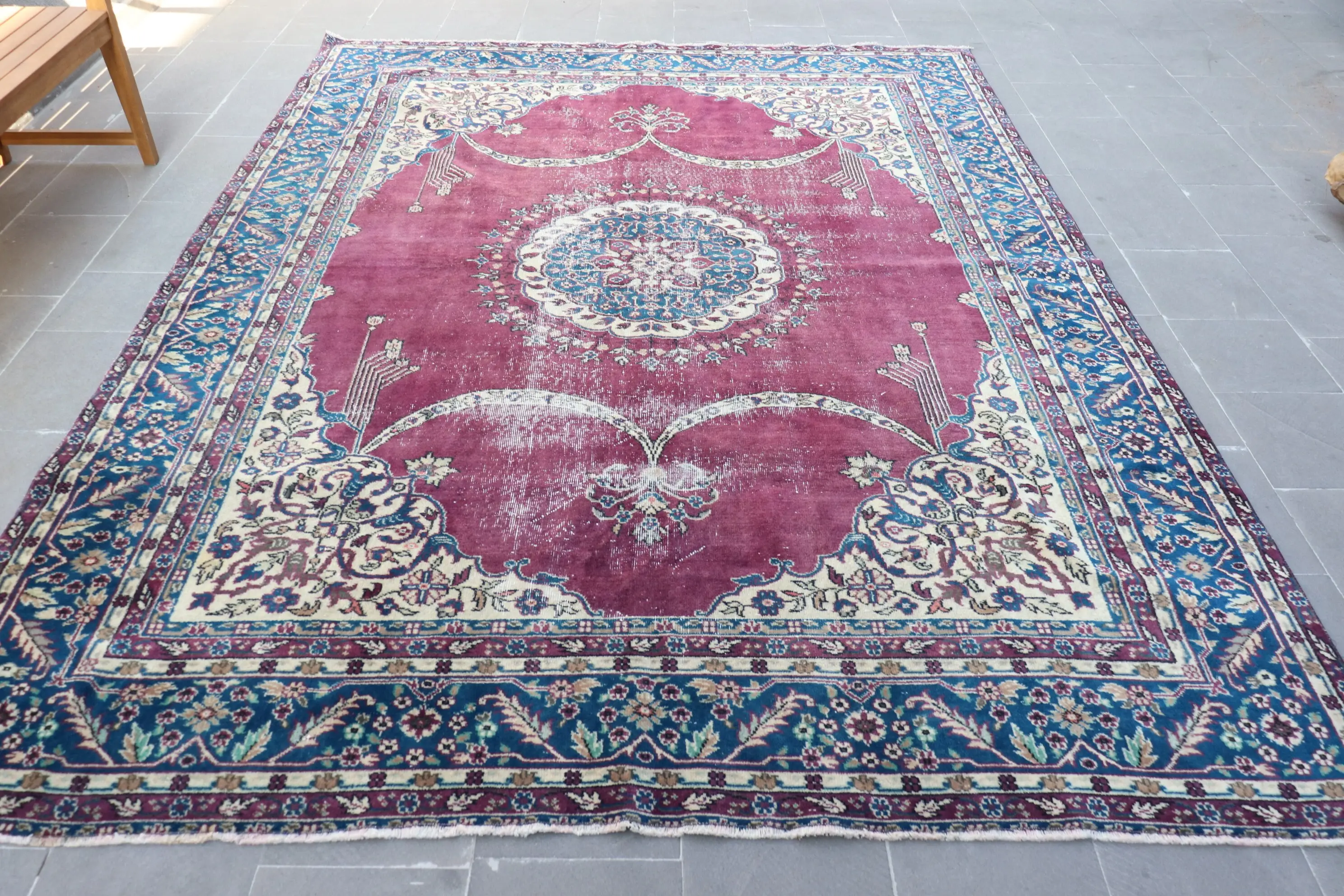 Turkish 7.9x10.7 ft Rug, Oversize Vintage Rug, Red Blue Solid Wool Rug - 1
