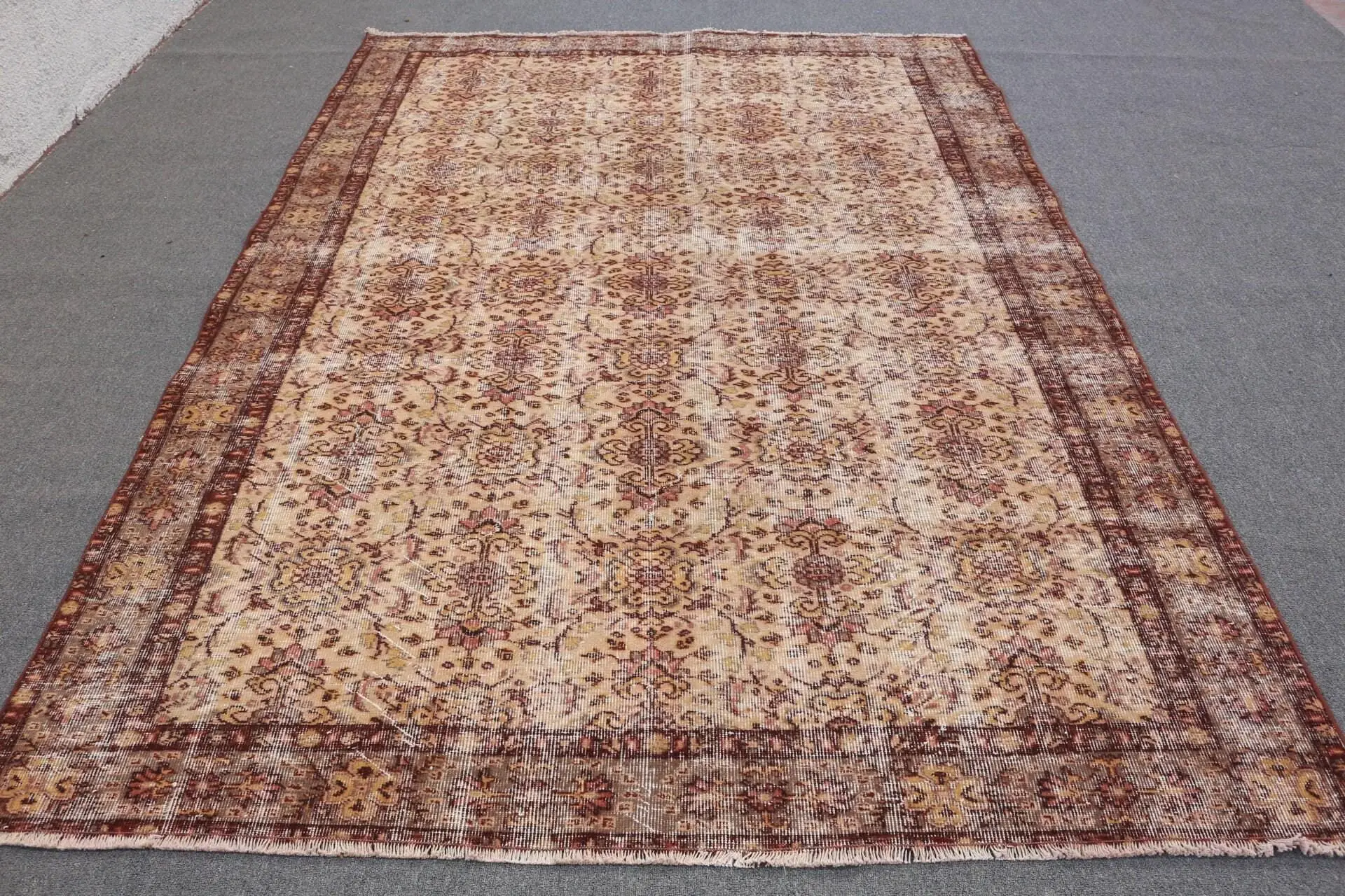 Türk Vintage Halı, 5.8x9.4 ft Halı, Kahverengi Bej Bitki ve ağaçlar Yün Halı - 1