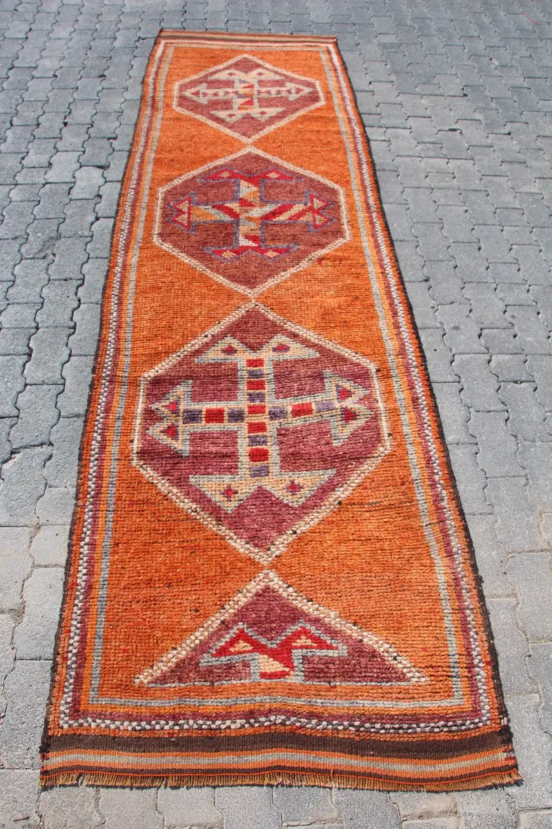 Alfombra Herki vintage de 2,9x10,8 pies, alfombra turca, alfombra de lana floral naranja - 1