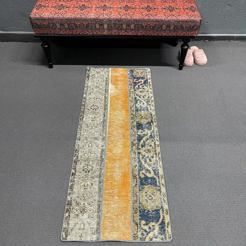 Turkish Vintage Small Rug 1.7x4.5 ft (53x137 cm), Blue Oushak Rug - 1
