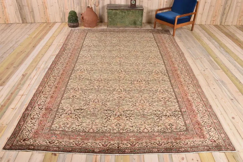 Alfombra elegante beige y verde, 2,5x3,8m con motivos persas