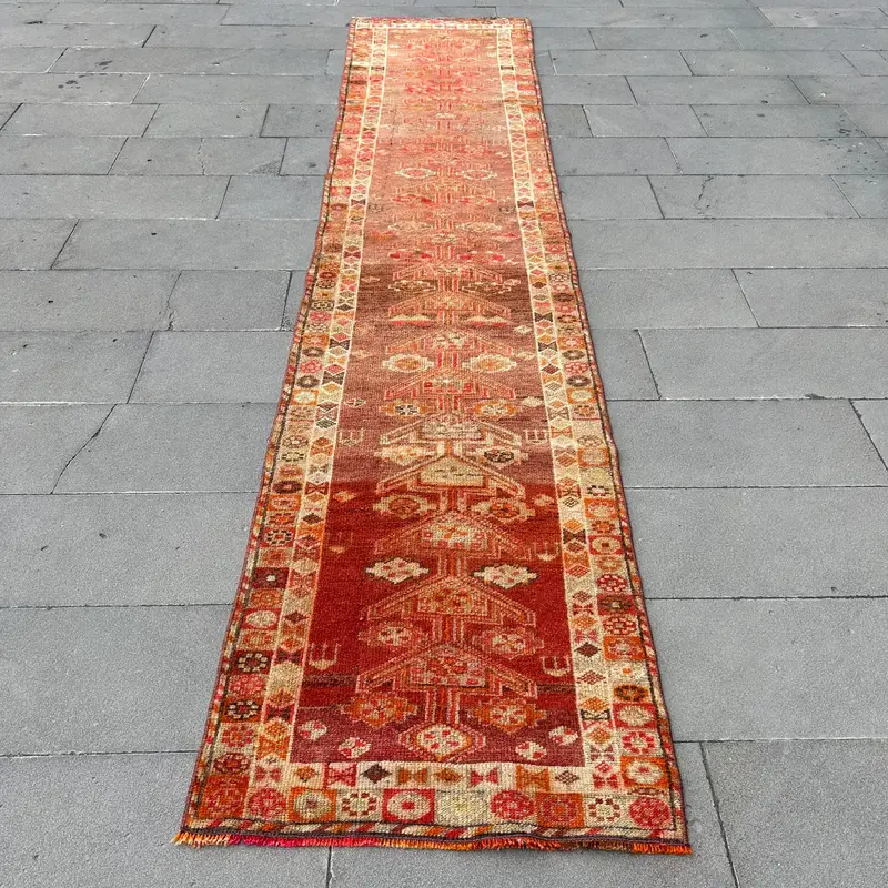 Vintage Turkish Rug, 2.6x12.7 ft Herki Rug, Red Brown Check Rug - 1