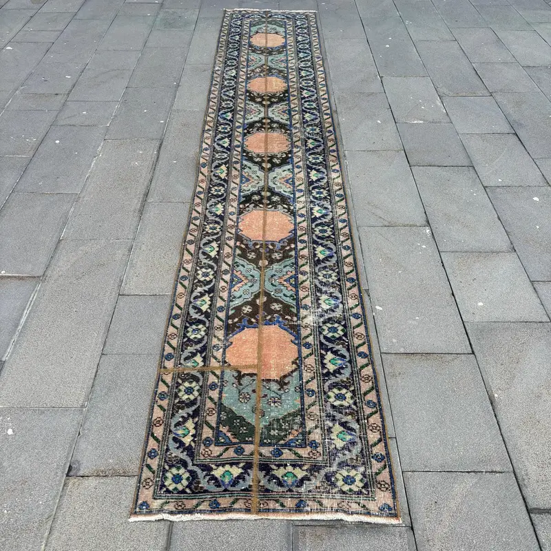 Vintage Turkish Rug 2.3x12.7 ft (69x386 cm), Oushak Blue Wool Rug - 1