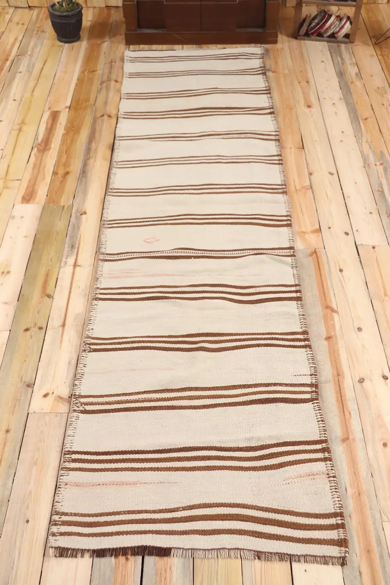 Türk Vintage Halısı, 2.9x10.7 ft Runner Halısı, Kahverengi Kilim İkat Halısı - 1