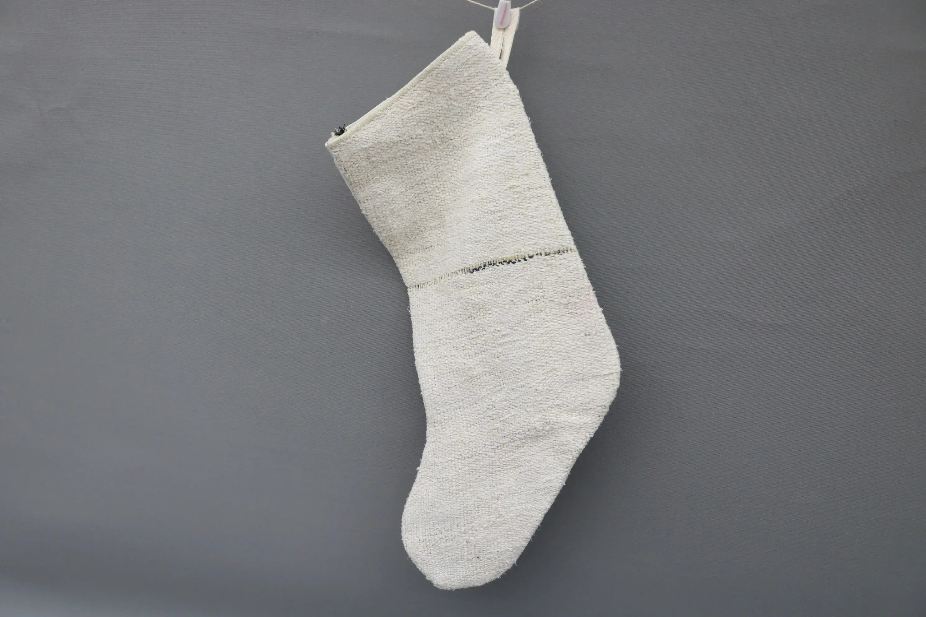 Elegant Beige Christmas Stocking with White Ornaments, Festive Holiday Decor - 1