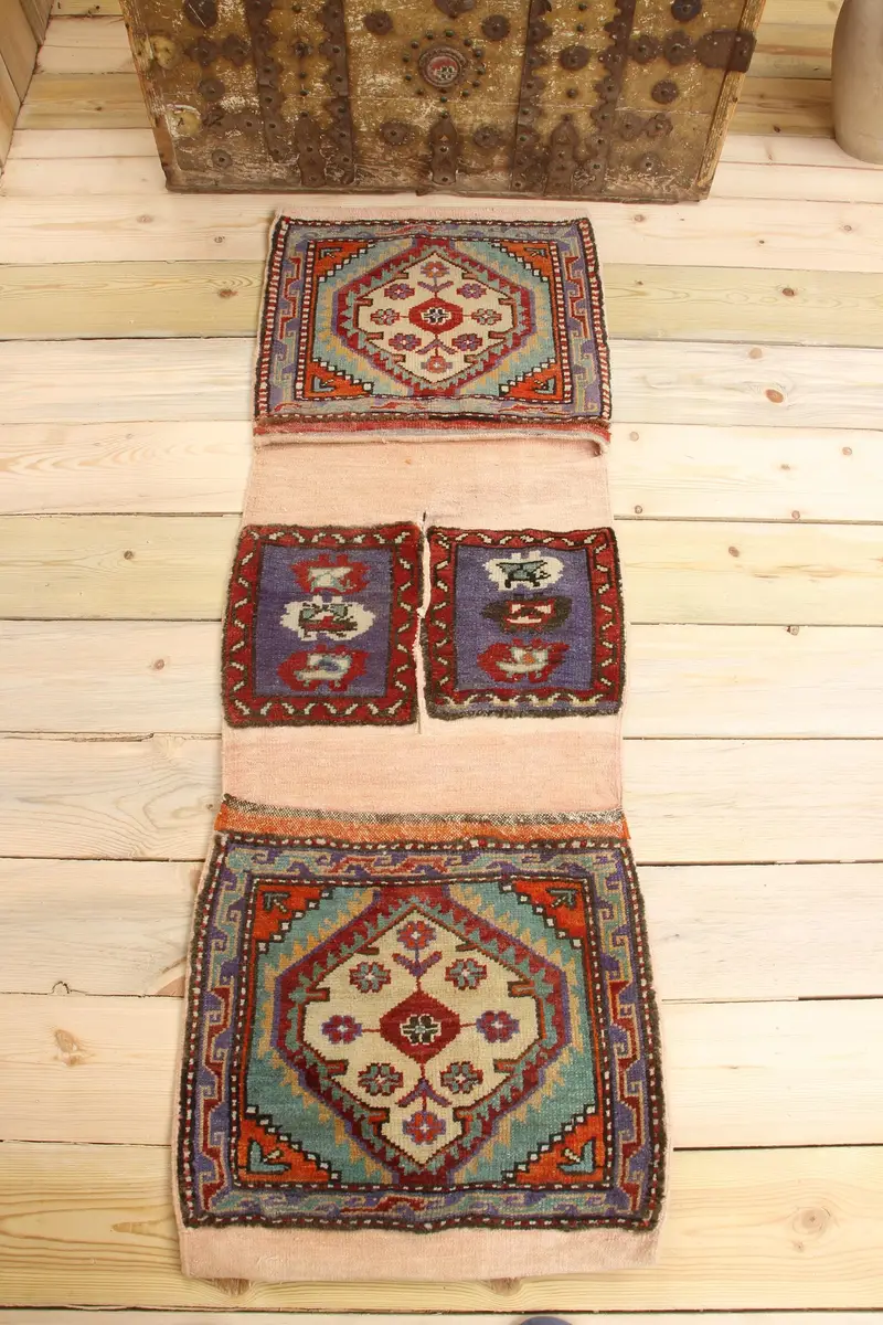 Handmade Red Ikat Rug, 0.1x0.4 ft Blue Accent