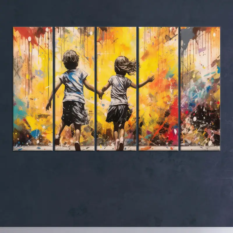 Moderner abstrakter Banksy Running Children-Leinwanddruck