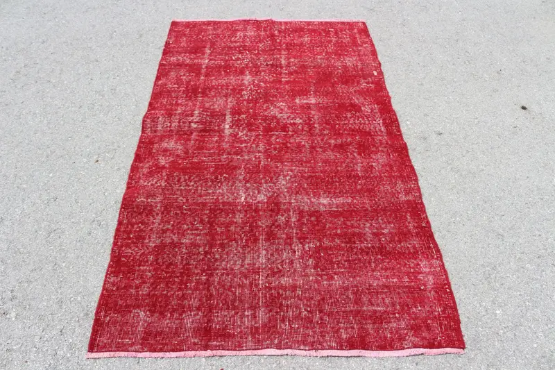 Türk Vintage Halısı, 3.7x6.2 ft Oushak Halısı, Kırmızı Pembe Soyut Halı - 1