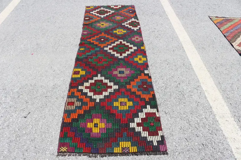 2.6x8.4 ft Halı, Türk Vintage Halısı, Kilim Kırmızı Çiçekli Halı - 1