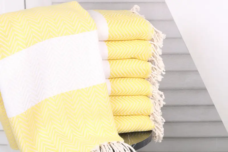 Yellow-White Chevron Towel, Embroidered Organic Cotton, 40x71 Inches