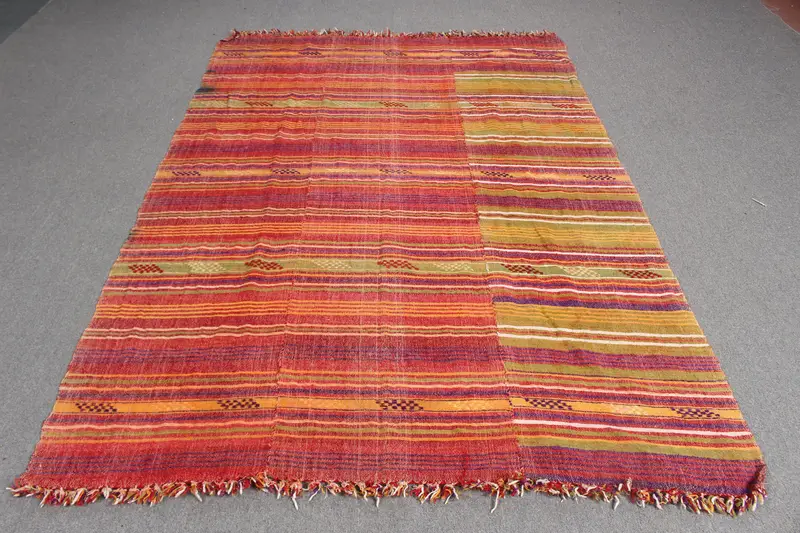 5.4x7.7 ft Türk Vintage Halı, Büyük Halı, Kırmızı Sarı Çiçekli Yün Halı - 1