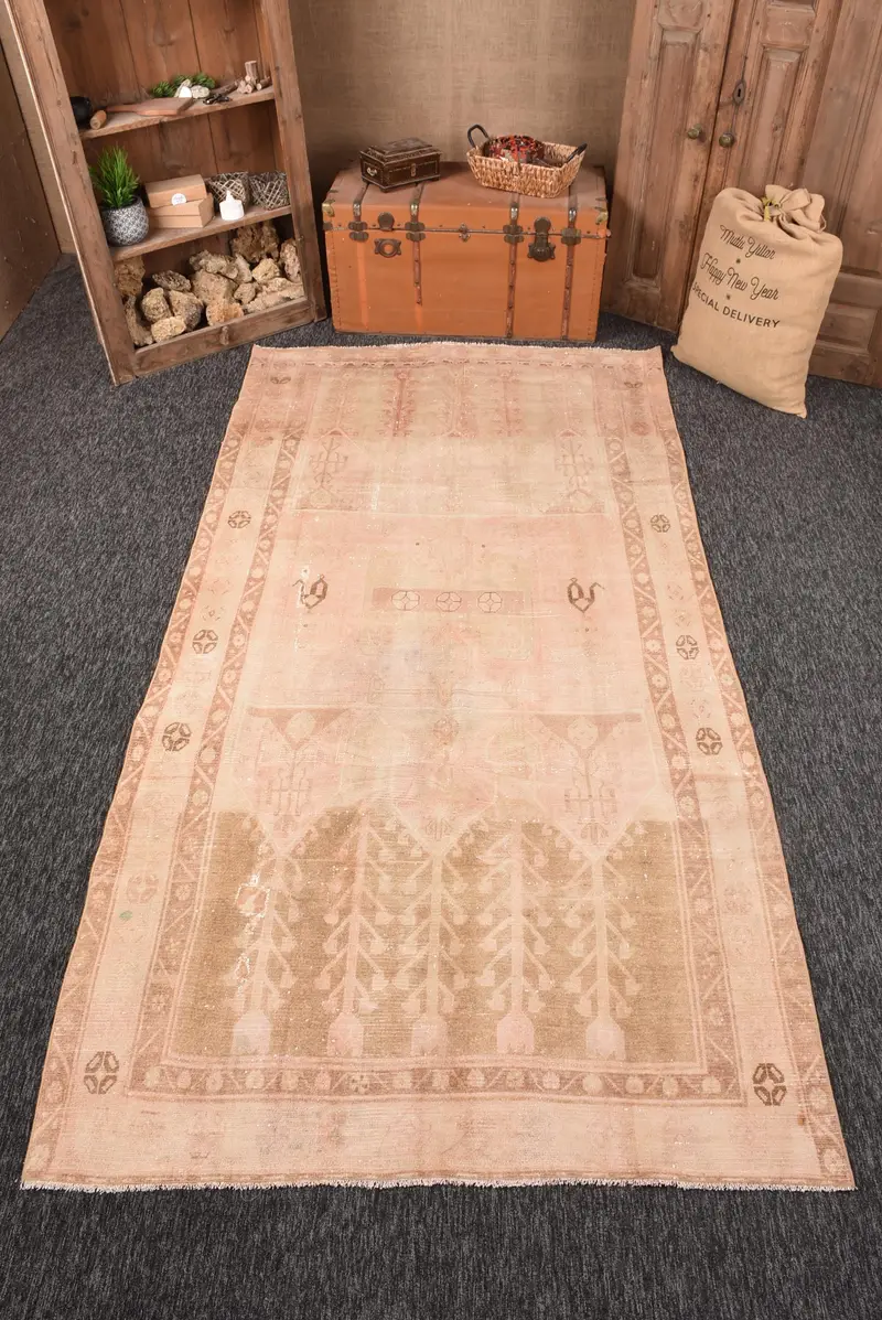 4.9x9.5 ft Türk Halısı, Vintage Büyük Halı, Kahverengi Bitkiler ve ağaçlar Yün Halı - 1