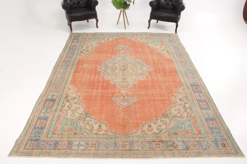 Turkish Vintage Rug, 8.2x11.1 ft Oushak Rug, Orange Oversize Ombré Rug - 1