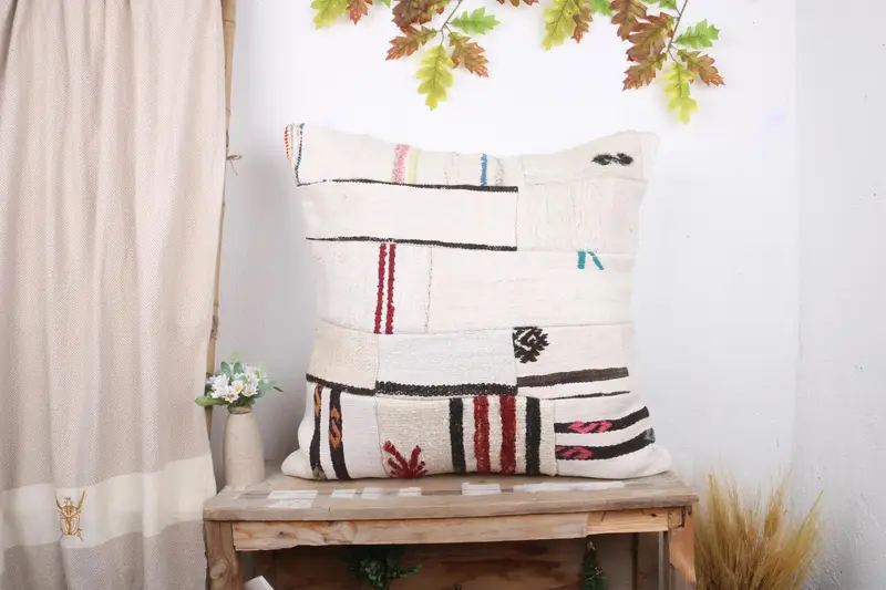 Cushion Cover, 28x28 White Cushion Case, One Of A Kind Cushion Cover, Ethnical Kilim Rug Pillow, Vintage Pillow, Vintage Kilim Pillow - 1