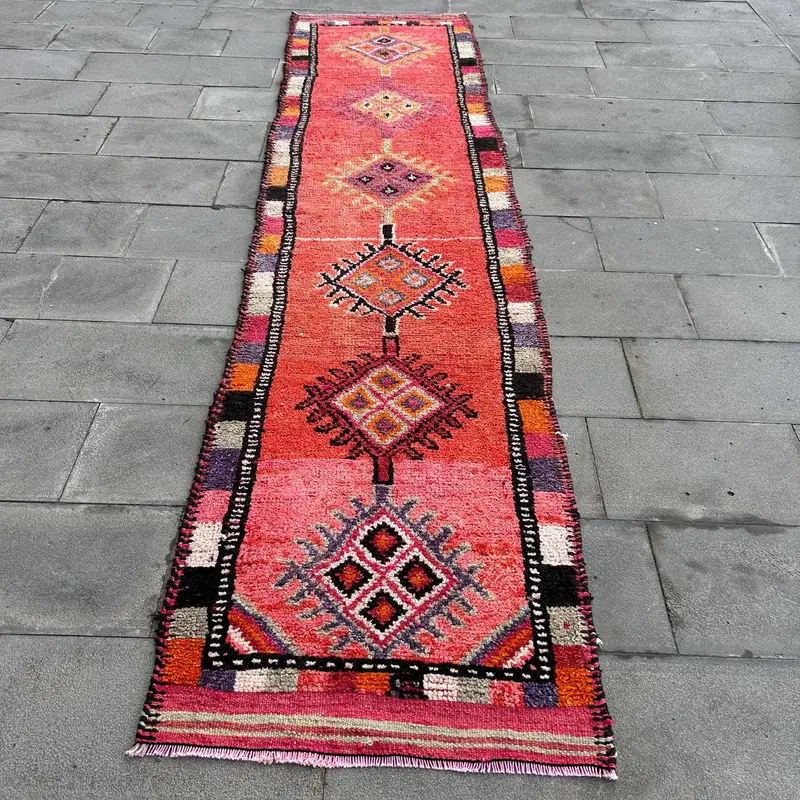 Vintage Turkish Rug, Runner 2.7x11.5 ft (81x351 cm) Rug, Red Striped Wool Rug - 1