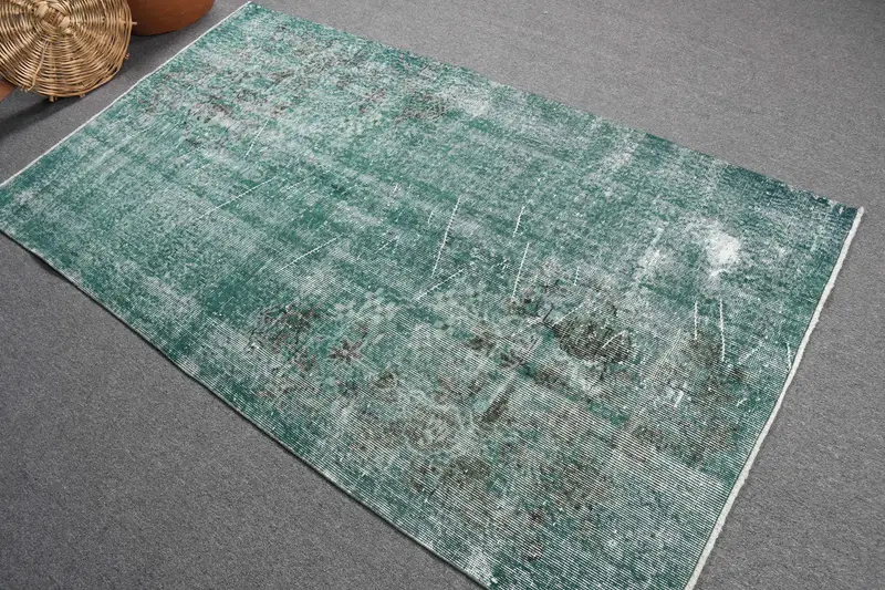 3.8x6.8 ft Türk Halısı, Vintage Alan Halısı, Yeşil Çizgili Yün Halı - 1
