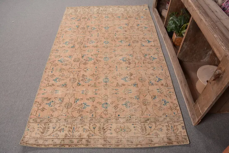 Vibrant Orange & Blue Rug, 3.9x6.8 ft Floral & Paisley