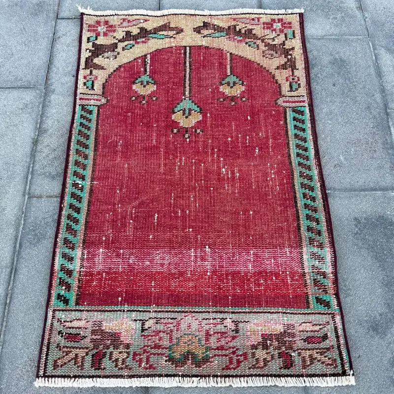 2x3,2 ft Teppich, Vintage türkischer kleiner Teppich, roter Oushak Wollteppich - 1