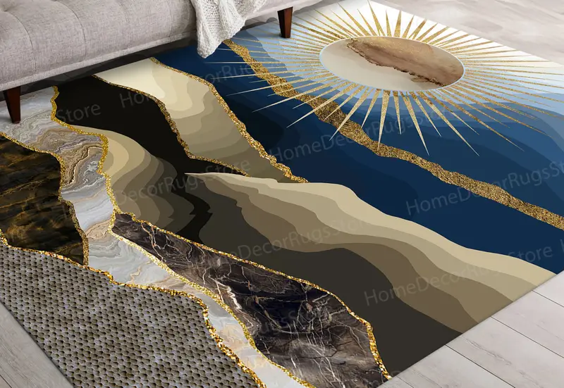 Gold Sun Shimmery Mountain View Printed Rug, Modern Landscape Design
