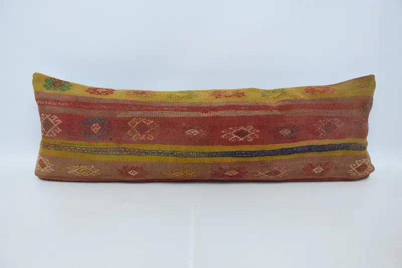 16x48 Red Pillow Sham, Cushion Cover, Ethnical Kilim Rug Pillow, Pillow for Couch, Turkish Kilim Pillow, Decorative Bolster Pillow Sham - 1