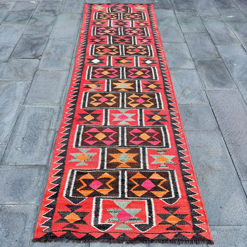Kırmızı Halı, 3x10,2 ft Kahverengi Desenli Katı Desen