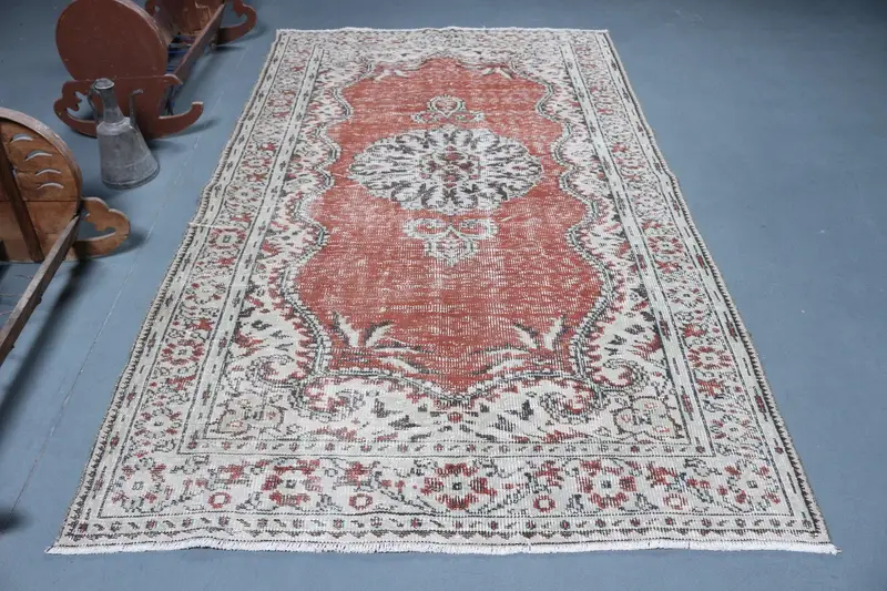 5.3x9.2 ft Halı, Türk Vintage Büyük Halı, Kırmızı Oushak Yün Halı - 1