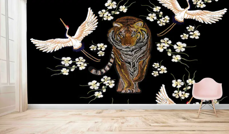 Zarif Japon Kaplanı ve Turna Çiçek Modern Baskılı Duvar Kağıdı