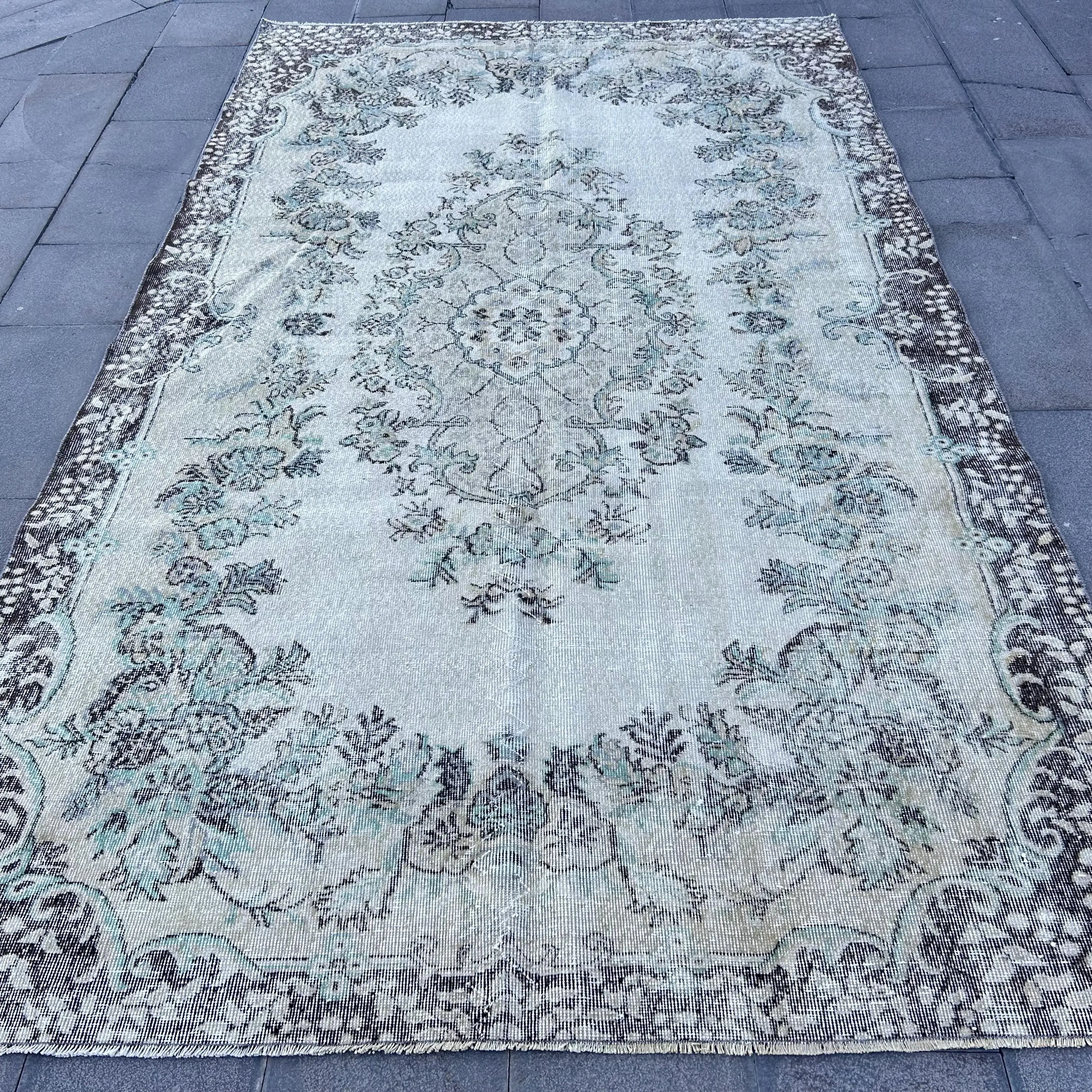 Alfombra turca vintage 6,1x10,2 pies (187x312 cm), alfombra de lana gris - 1