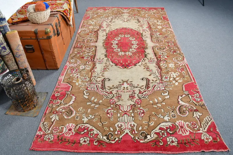 Turkish Vintage Rug, 4.8x9.4 ft Large Rug, Red Brown Oriental Rug - 1