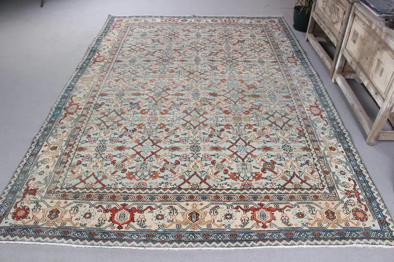 Handgefertigter grüner Teppich, 5,4 x 9,5 Fuß, geometrisches Blumenmuster