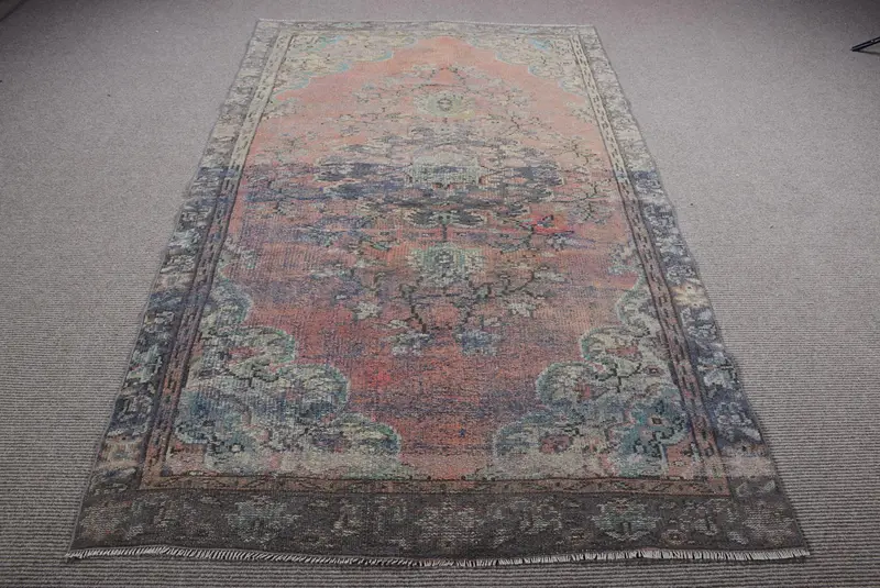 Alfombra vibrante naranja y azul, patrón Ikat de 4,8x7,8 pies