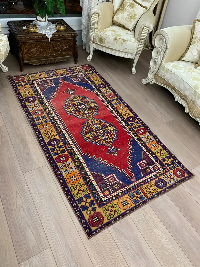 Vintage Oushak Rug 3.7x6.9 ft, Red Blue Camouflage Wool Turkish Rug - 1