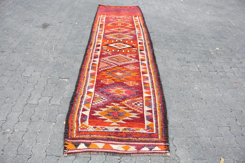 Vintage 2.8x11.3 ft Rug, Turkish Runner Rug, Red Check Rug - 1