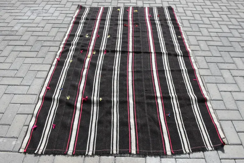 Turkish Rug, 4.9x7.3 ft Area Rug, Black Check Wool Vintage Rug - 1