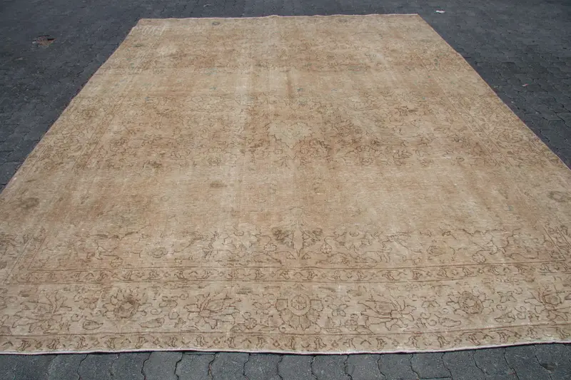 Vintage 9.9x12.6 ft Rug, Oversize Turkish Rug, Brown Blue Solid Wool Rug - 1