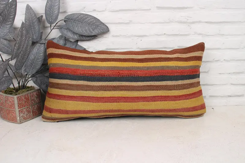 Kilim Cushion Sham, Handmade Kilim Cushion, Bohemian Cushion Cushion Cover, Pillow Cover, 12x24 Yellow Cushion Case, Ethnical Kilim Rug Pillow - 1