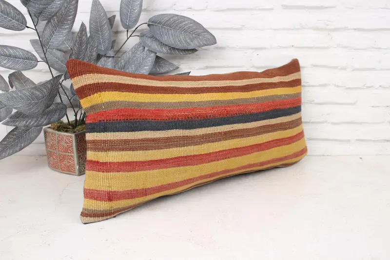 Kilim Cushion Sham, Handmade Kilim Cushion, Bohemian Cushion Cushion Cover, Pillow Cover, 12x24 Yellow Cushion Case, Ethnical Kilim Rug Pillow - 3