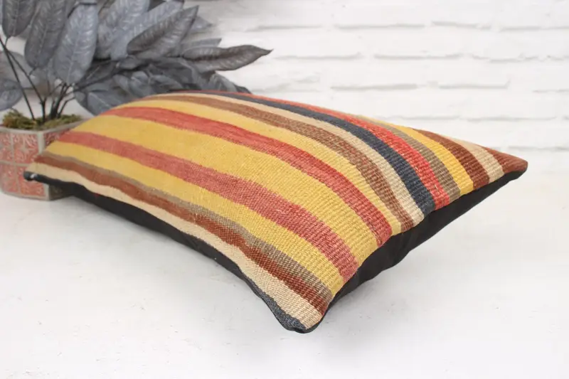 Kilim Cushion Sham, Handmade Kilim Cushion, Bohemian Cushion Cushion Cover, Pillow Cover, 12x24 Yellow Cushion Case, Ethnical Kilim Rug Pillow - 6