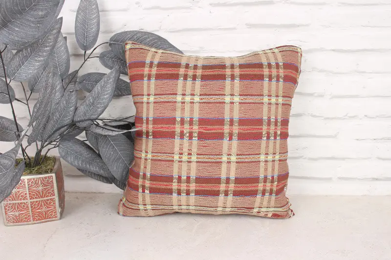 Handmade Rug Seat Pillow Cover, Ethnical Kilim Rug Pillow, 16x16 Red Cushion Cover, Boho Pillow Sham Cover, Pillow for Sofa, Pillow Cover - 1