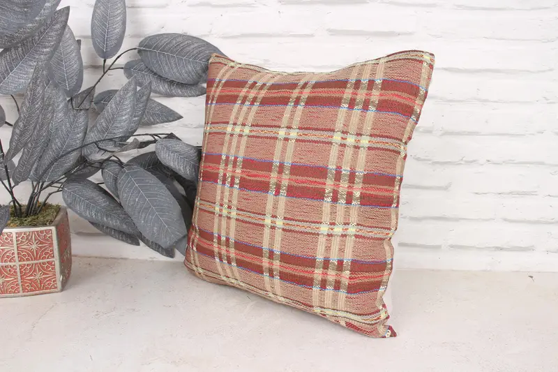Handmade Rug Seat Pillow Cover, Ethnical Kilim Rug Pillow, 16x16 Red Cushion Cover, Boho Pillow Sham Cover, Pillow for Sofa, Pillow Cover - 4