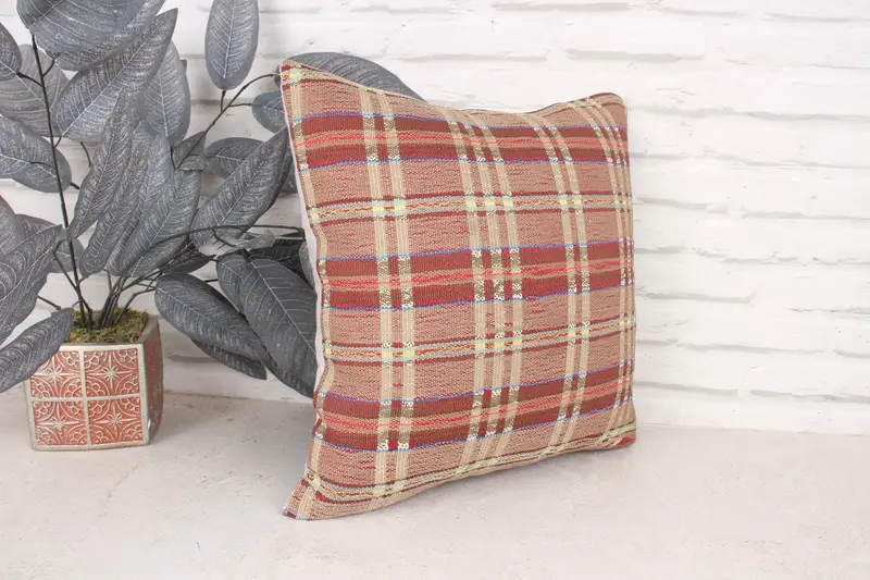 Handmade Rug Seat Pillow Cover, Ethnical Kilim Rug Pillow, 16x16 Red Cushion Cover, Boho Pillow Sham Cover, Pillow for Sofa, Pillow Cover - 3
