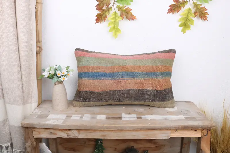 Kilim Pillow Cover, Turkish Kilim Pillow, Nomadic Pillow, Kilim Cushion Sham, Cushion, Bright Pillow Case, 12x20 Blue Cushion Cover - 1
