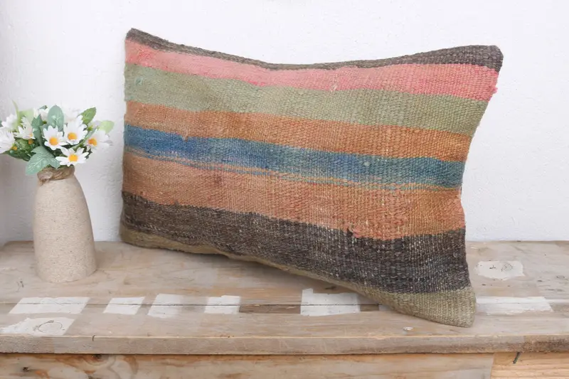 Kilim Pillow Cover, Turkish Kilim Pillow, Nomadic Pillow, Kilim Cushion Sham, Cushion, Bright Pillow Case, 12x20 Blue Cushion Cover - 4