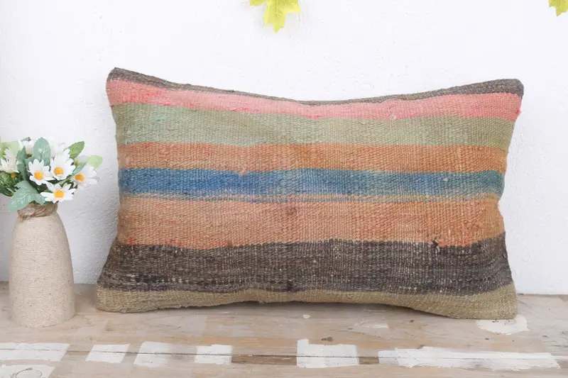 Kilim Pillow Cover, Turkish Kilim Pillow, Nomadic Pillow, Kilim Cushion Sham, Cushion, Bright Pillow Case, 12x20 Blue Cushion Cover - 2
