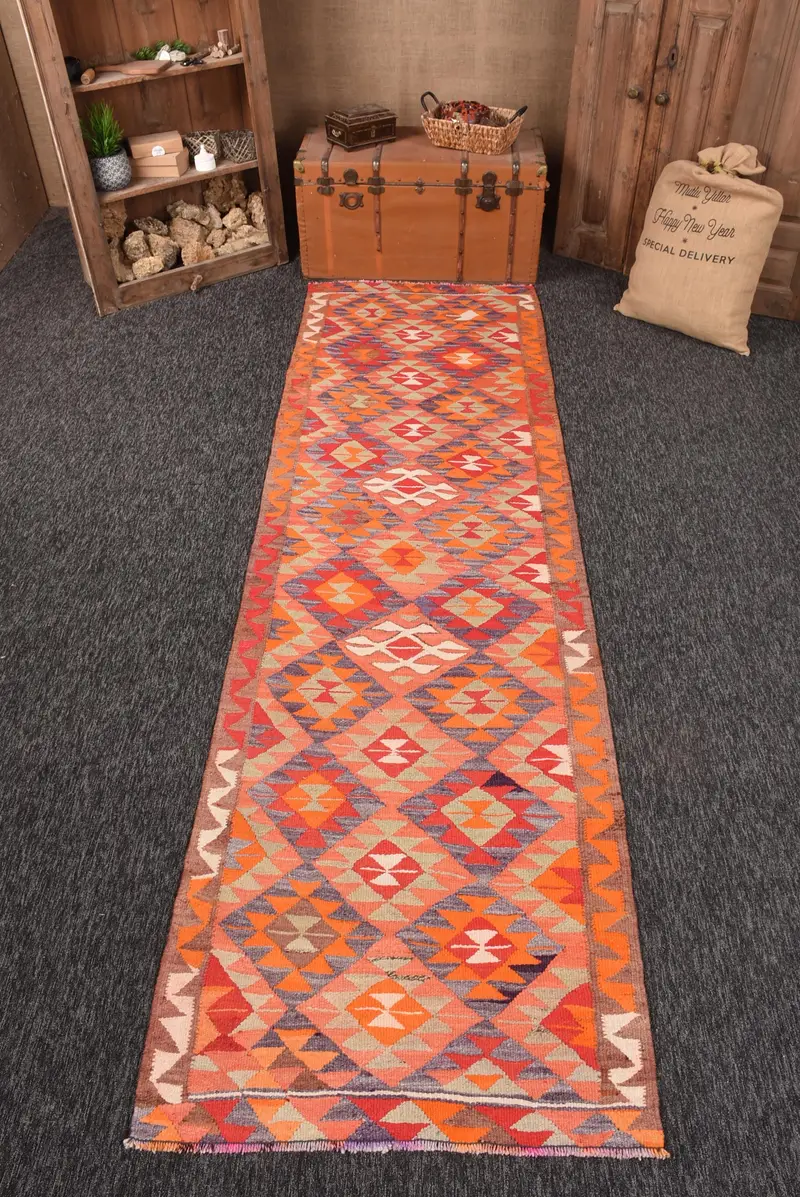3.2x10.9 ft Vintage Runner Halı, Türk Turuncu Bitkiler ve ağaçlar Halı - 1
