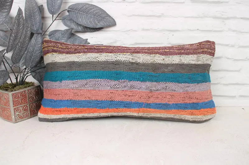 Cushion, Vintage Pillow, Aztec Cushion Cover, Interior Designer Pillow, 12x24 Blue Pillow Sham, Outdoor Patio Cushion Cover, Throw Kilim Pillow - 1